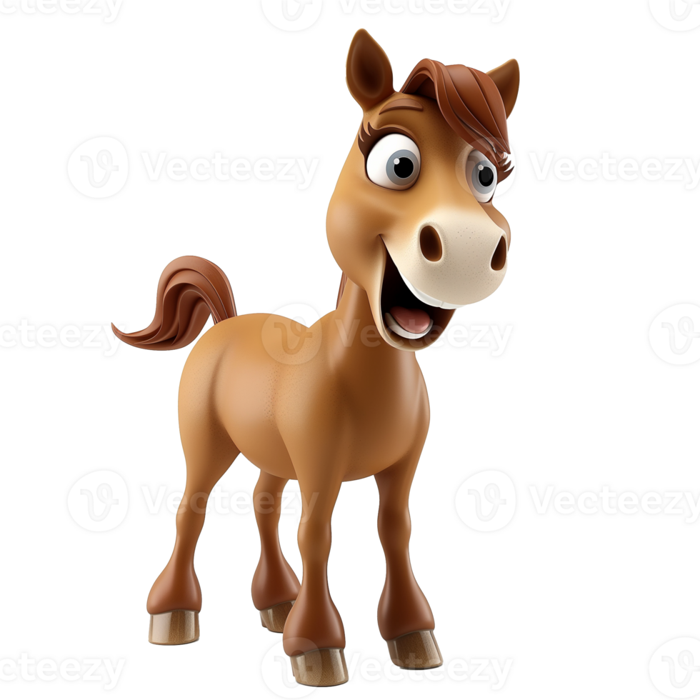 AI generated 3D illustration of a cheerful cartoon horse character smiling, with a brown coat and mane, isolated on a transparent background, suitable for childrens content and educational materials png