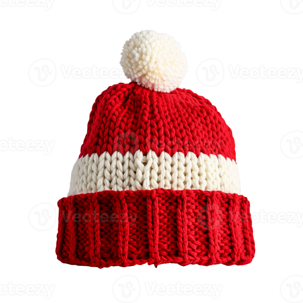 AI generated Hand knitted red and transparent winter beanie hat with pom pom isolated on a transparent background, ideal for Christmas or winter holiday concepts png