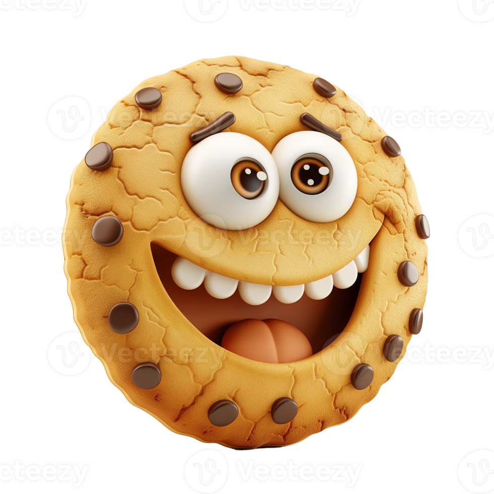 AI generated 3D cartoon style chocolate chip cookie character with a joyful expression, isolated on a transparent background, suitable for dessert or snack themed designs and World Chocolate Day png