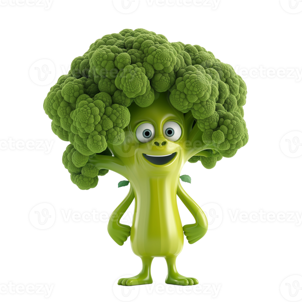AI generated Animated smiling broccoli character standing, promoting healthy eating and vegetarian concepts, isolated on a transparent background png
