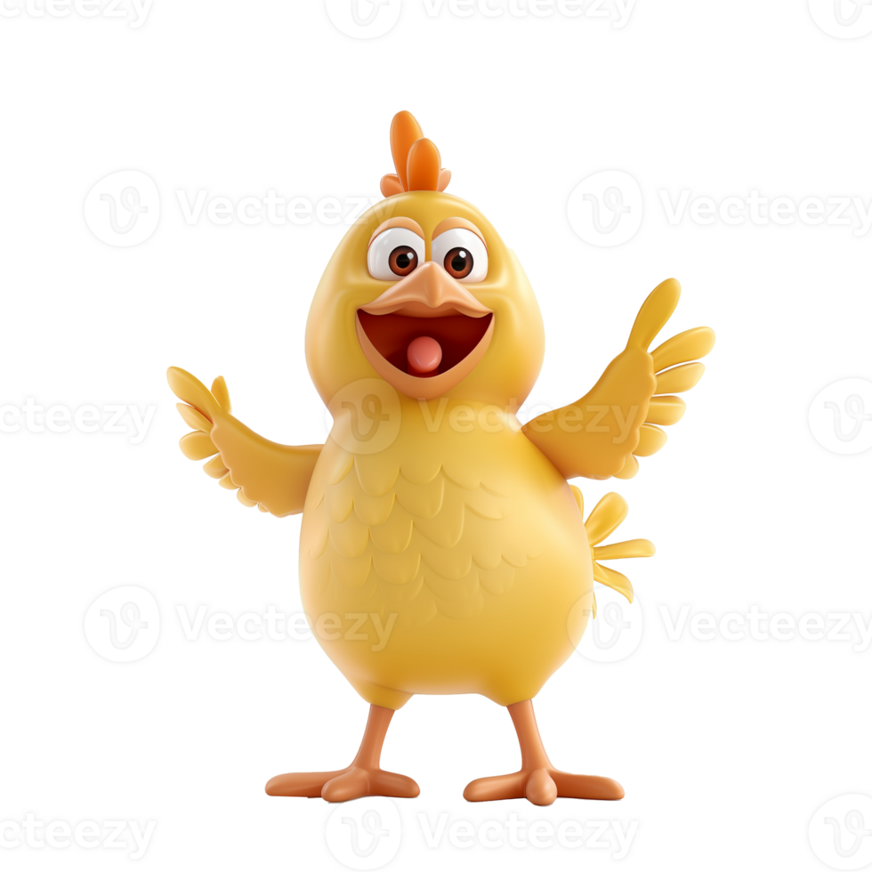 AI generated 3D cartoon chicken character gesturing, isolated on a transparent background, ideal for Easter themed graphics and childrens content png