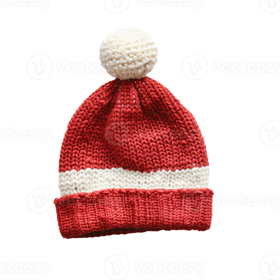AI generated Red and transparent knitted winter hat with a pom pom isolated on a transparent background, suitable for Christmas holiday themes png