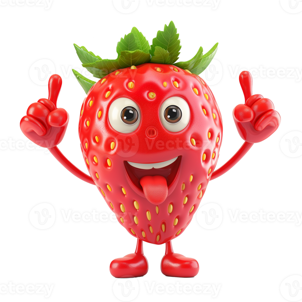 AI generated Animated character of a cheerful strawberry giving a thumbs up, isolated on a transparent background, suitable for healthy eating or summer concept png