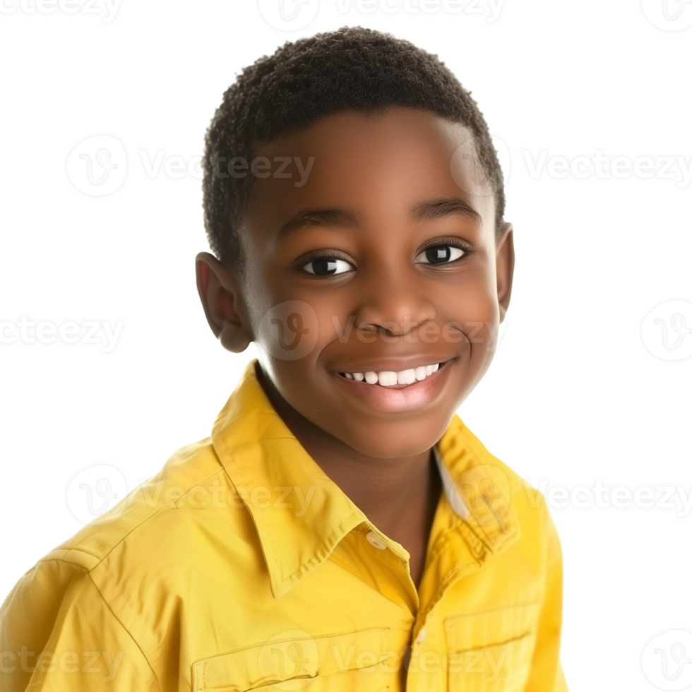 AI generated Smiling African American boy in yellow shirt, expressing happiness and joy, isolated on a transparent background   ideal for educational or promotional concepts png