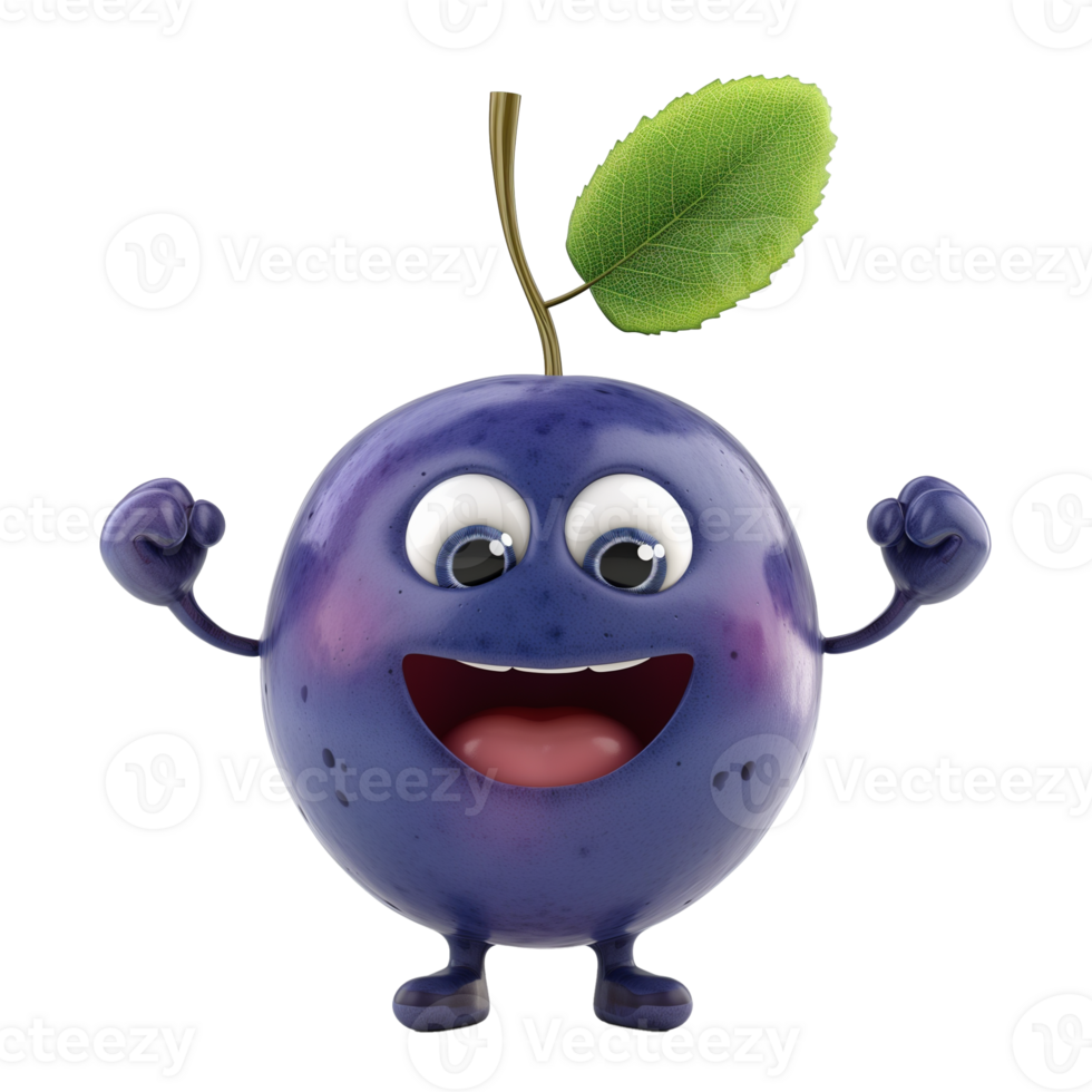 AI generated Anthropomorphic smiling blueberry character with a green leaf, flexing arms, isolated on a transparent background, perfect for healthy eating or childrens nutrition concepts png