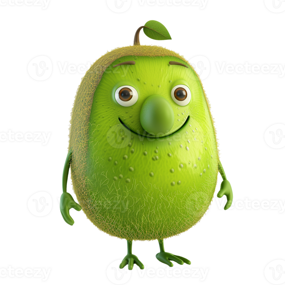 AI generated An anthropomorphic, cheerful green kiwi character with a leaf, isolated on a transparent background, perfect for nutrition and health related themes png