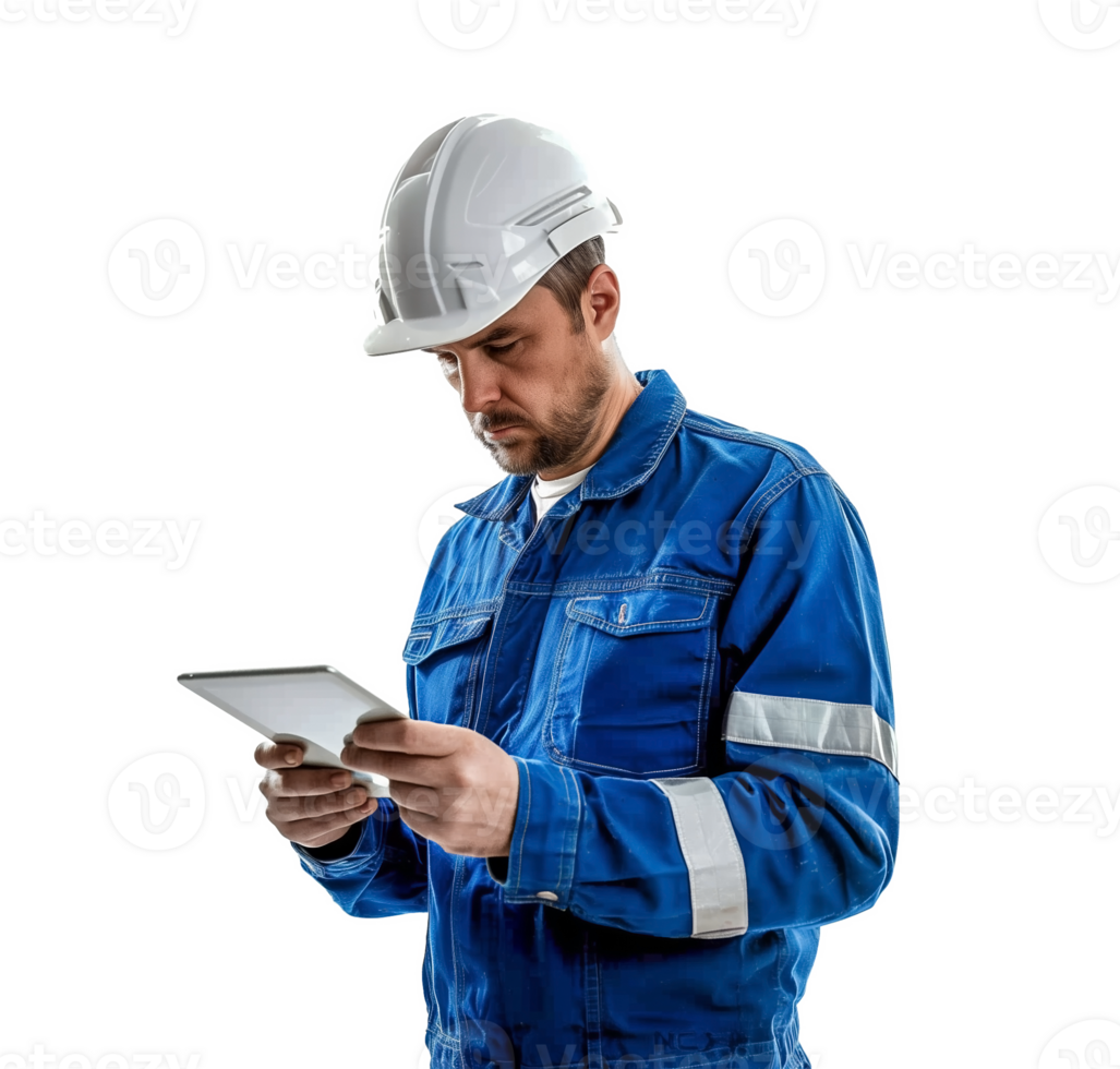 AI generated Focused male worker in a hard hat and blue uniform using tablet, isolated on transparent background, ideal for construction and industrial concepts png
