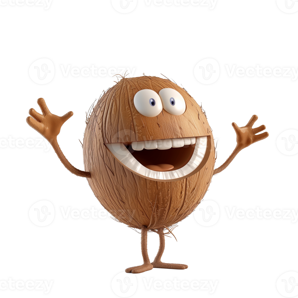 AI generated Happy animated coconut character with a cheerful expression isolated on a transparent background, ideal for tropical or summer themed designs and advertising materials png