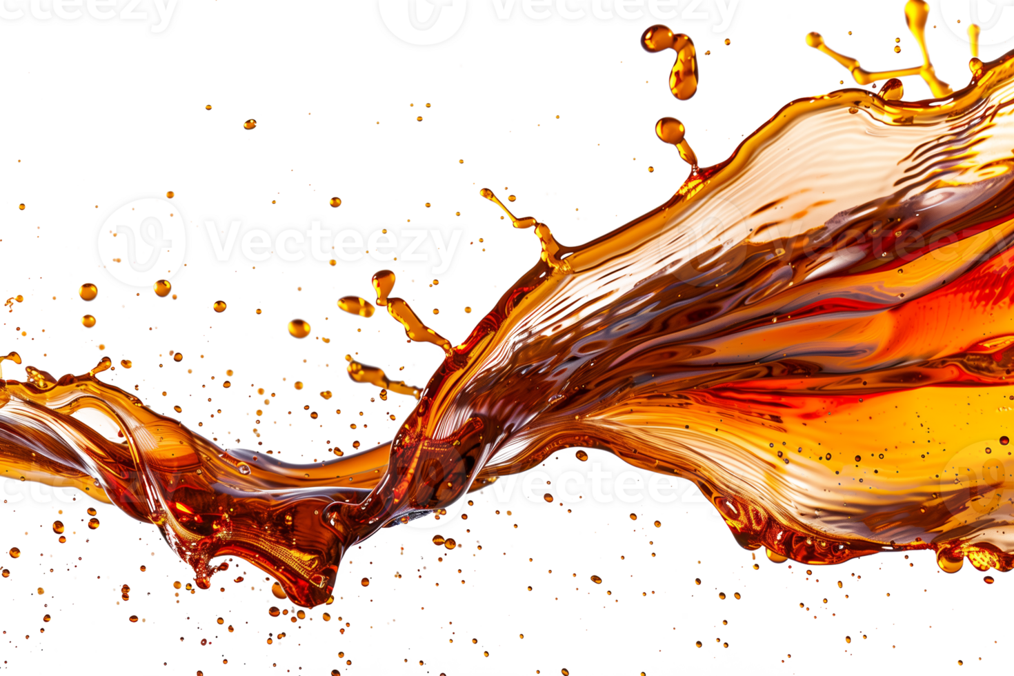 AI generated Dynamic splash of amber colored liquid, possibly tea or whiskey, frozen in motion, isolated on a transparent background, exemplifying concepts of fluidity and purity png