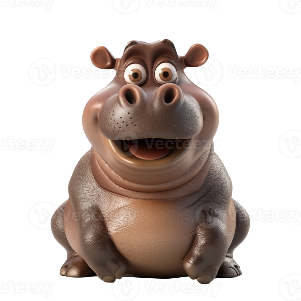 AI generated 3D illustration of a cheerful cartoon hippopotamus character, displayed in a sitting pose, isolated on a transparent background png