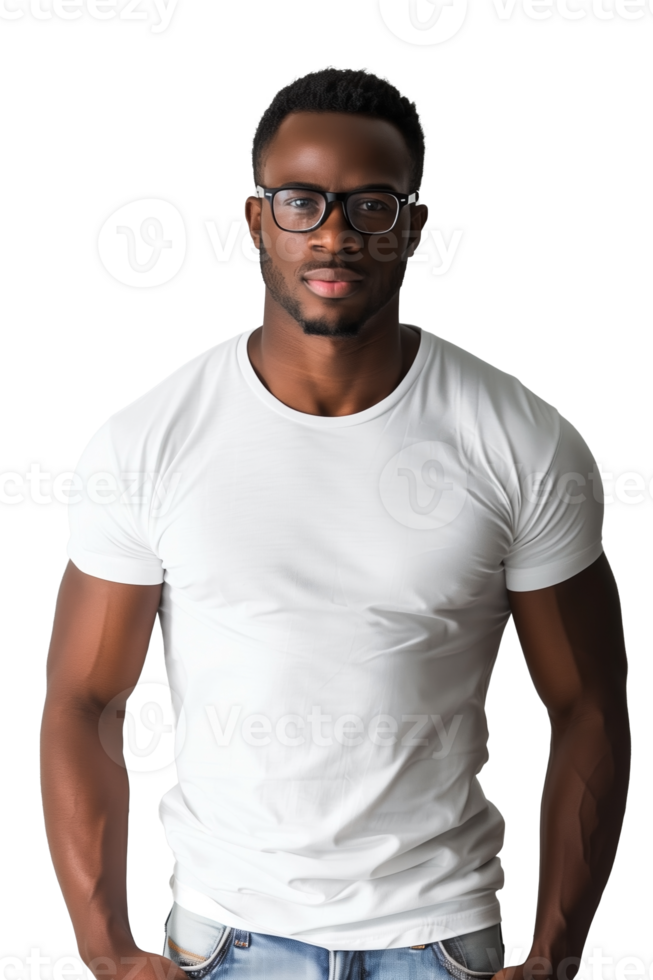 AI generated Confident African American man in a transparent t shirt and glasses isolated on a transparent background, ideal for fashion and lifestyle concepts png