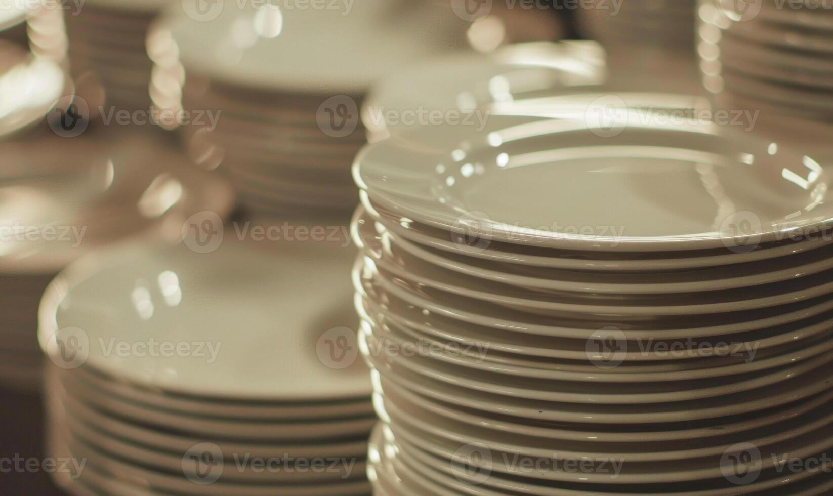 ai generado cerca arriba de un apilar de porcelana platos en un restaurante foto