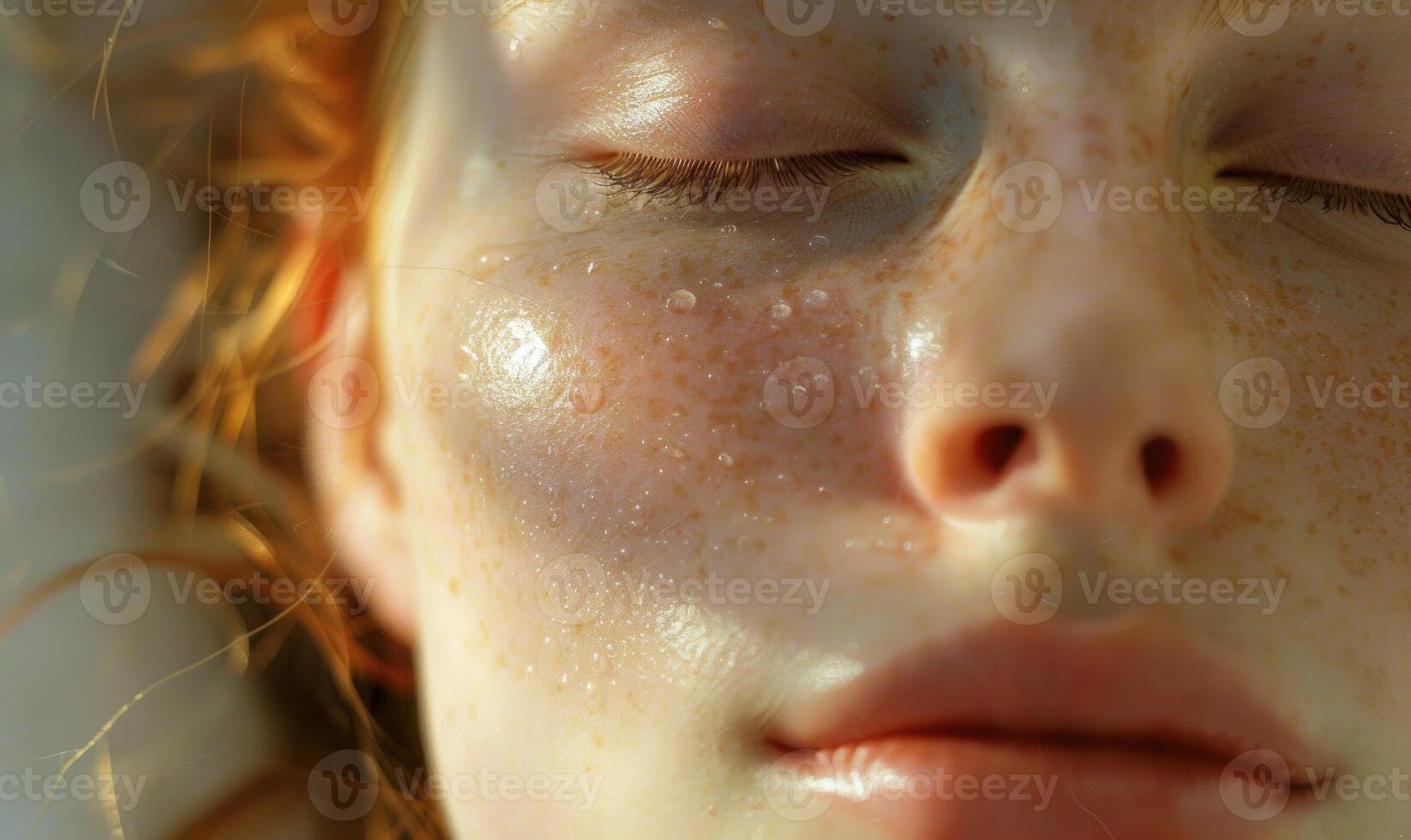 AI generated Close up portrait of a beautiful young woman with freckles on her face photo