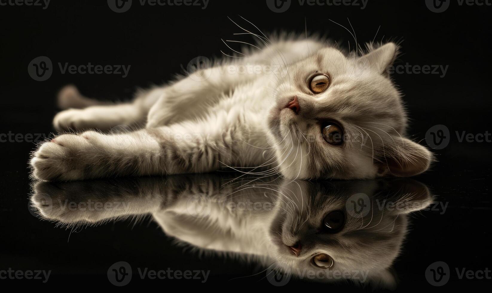AI generated British shorthair cat lying on black background with reflection. Studio shot. photo