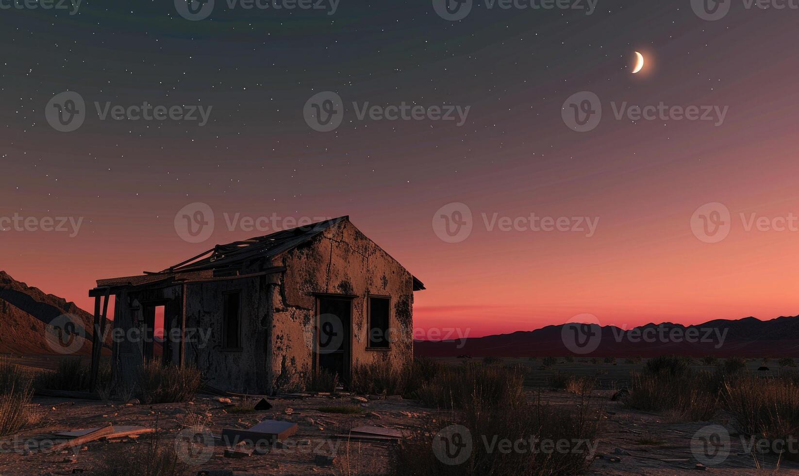 AI generated Abandoned house in the desert at sunset. photo