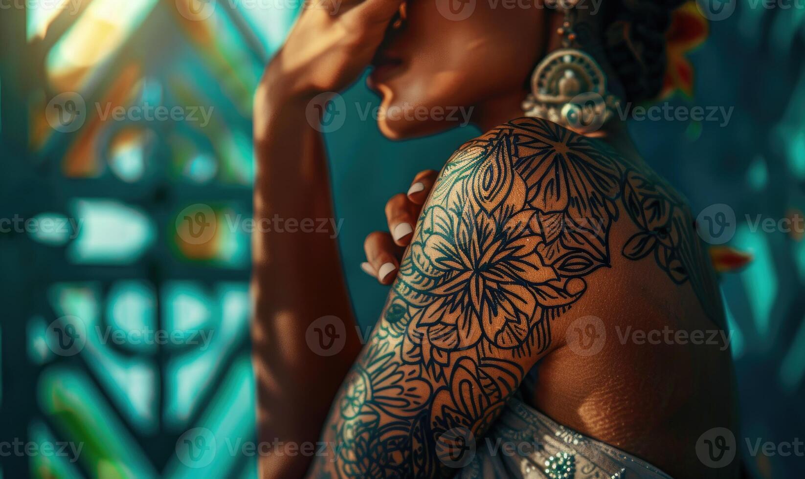 AI generated Close-up of a young woman with henna tattoo on her body photo