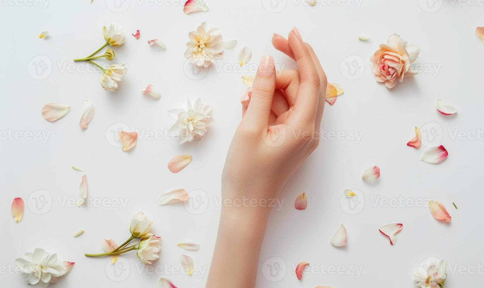 ai generado mujer mano en blanco antecedentes con flor pétalos alrededor foto