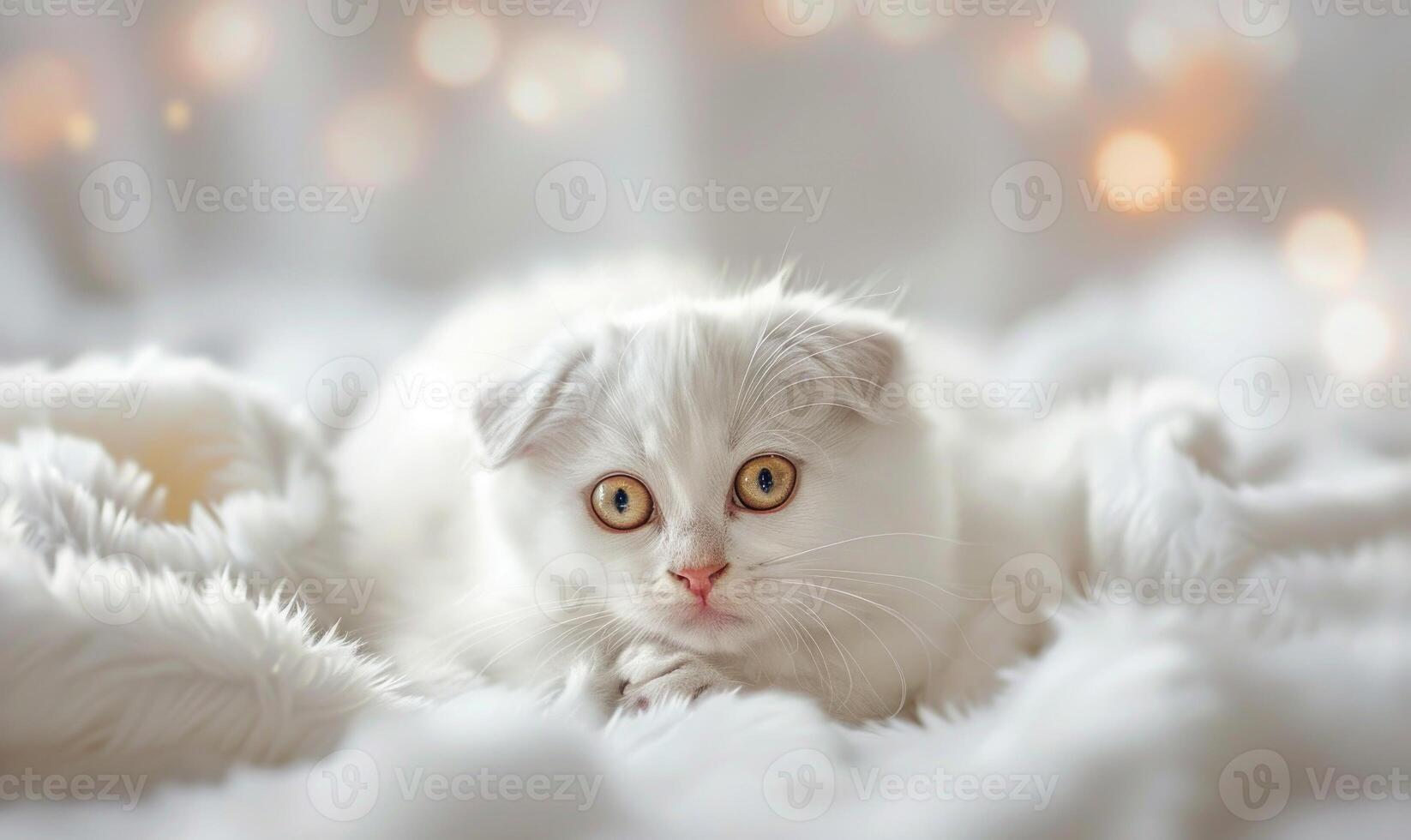 AI generated White Scottish Fold kitten on white blanket, close-up portrait photo