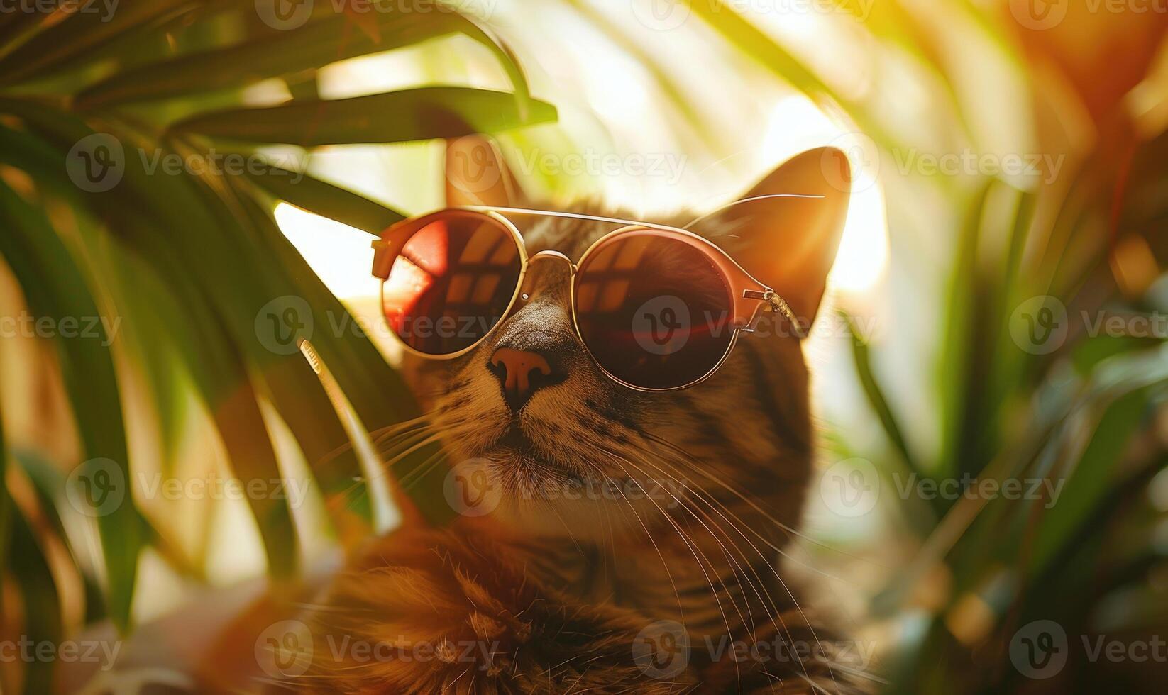 ai generado linda británico cabello corto gato en Gafas de sol y palma hoja en soleado verano día. foto