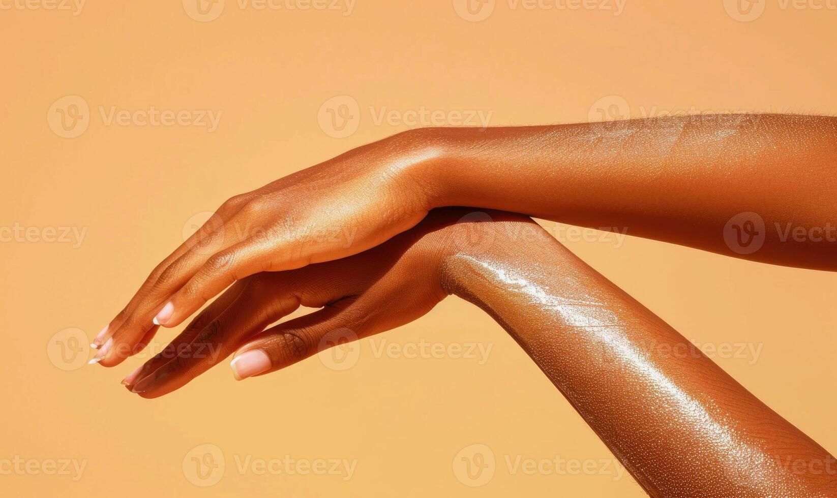 AI generated Closeup of female hand on orange background. Skin care, beauty procedure photo