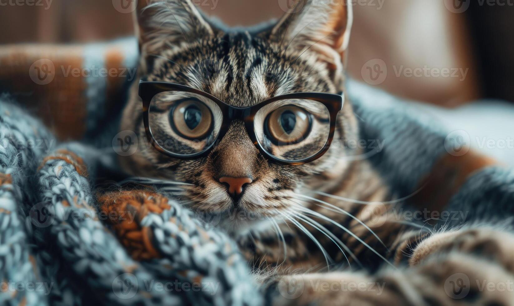 AI generated Cute tabby cat in glasses and scarf lying on sofa at home photo