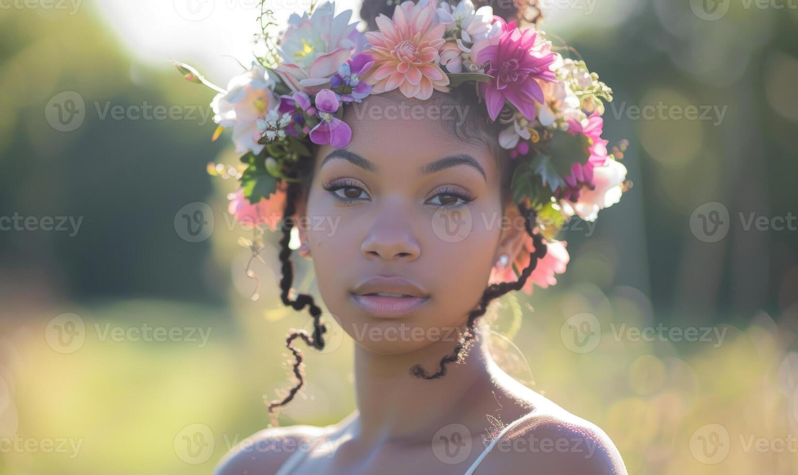 ai generado joven mujer en un primavera flores guirnalda, rodeado por flotante pétalos o flores foto