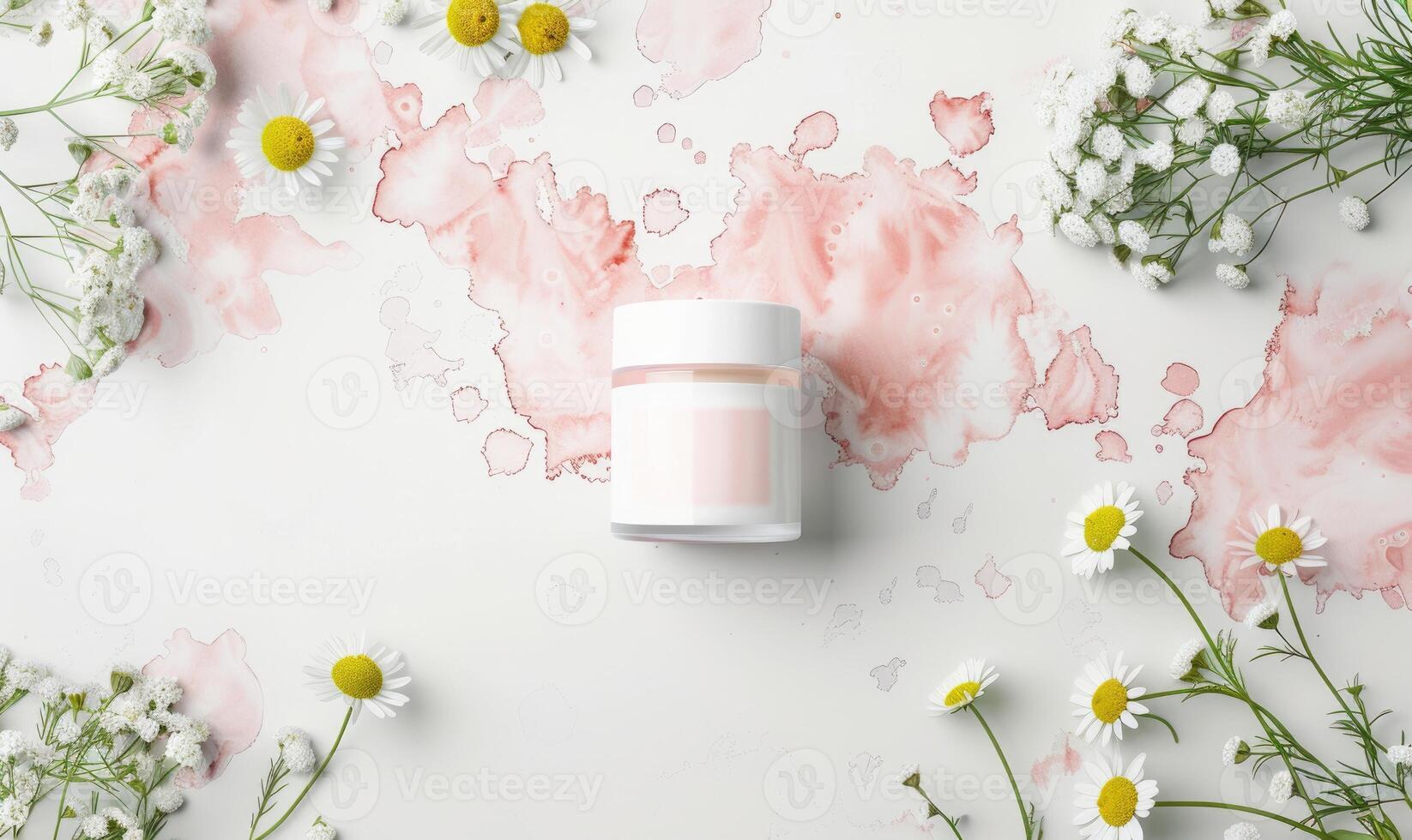 AI generated Cosmetic jar blank mockup placed on a serene watercolor chamomile background photo