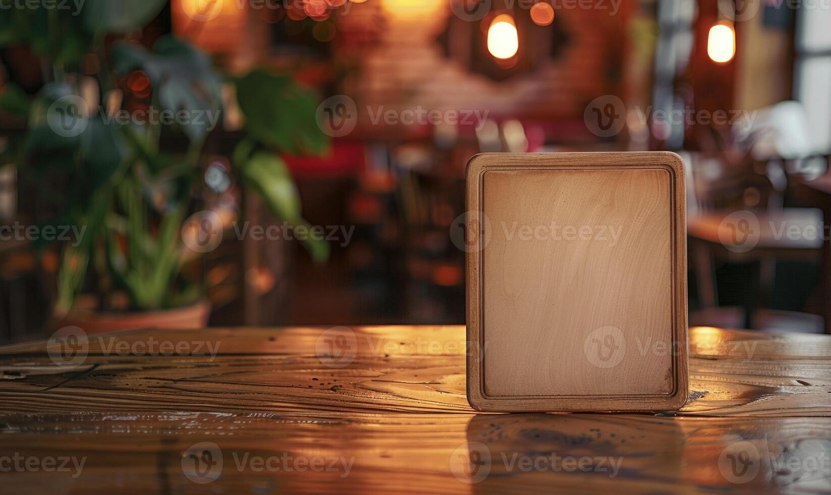AI generated Empty wooden board on table in cafe, closeup. Space for text. Mock up for menu or design photo