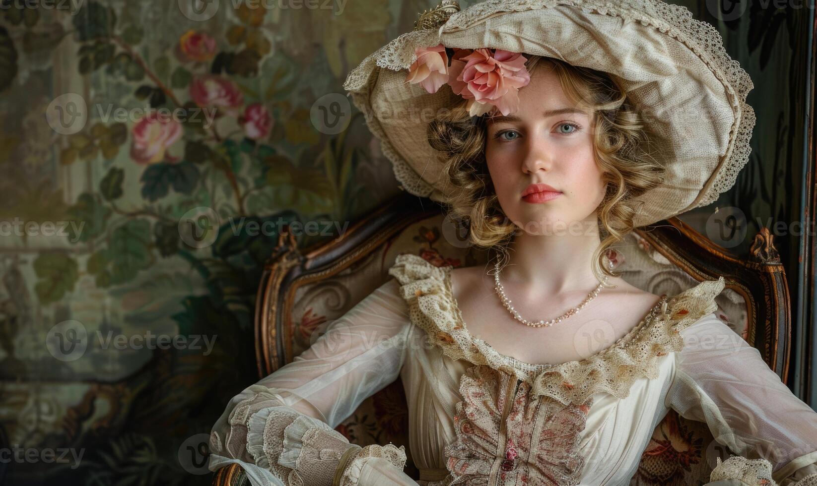 AI generated Portrait of a beautiful young woman in a Victorian era dress. photo