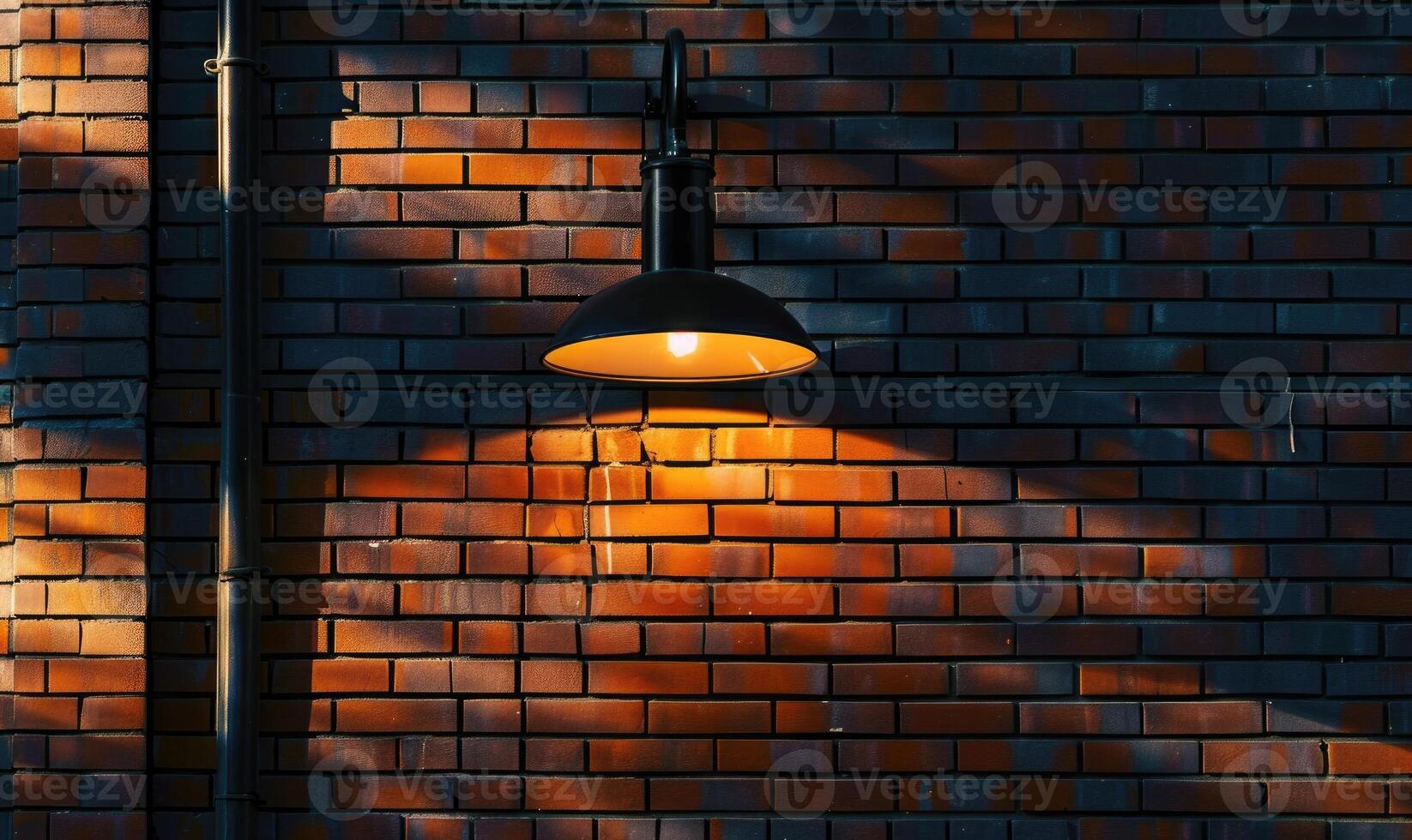 AI generated Lamp on a brick wall with shadows. Vintage lamp on brick wall background. photo
