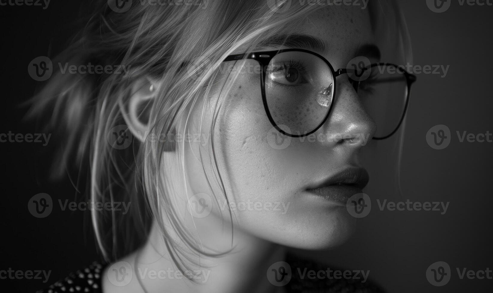 AI generated Portrait of a beautiful girl with glasses on a dark background. photo
