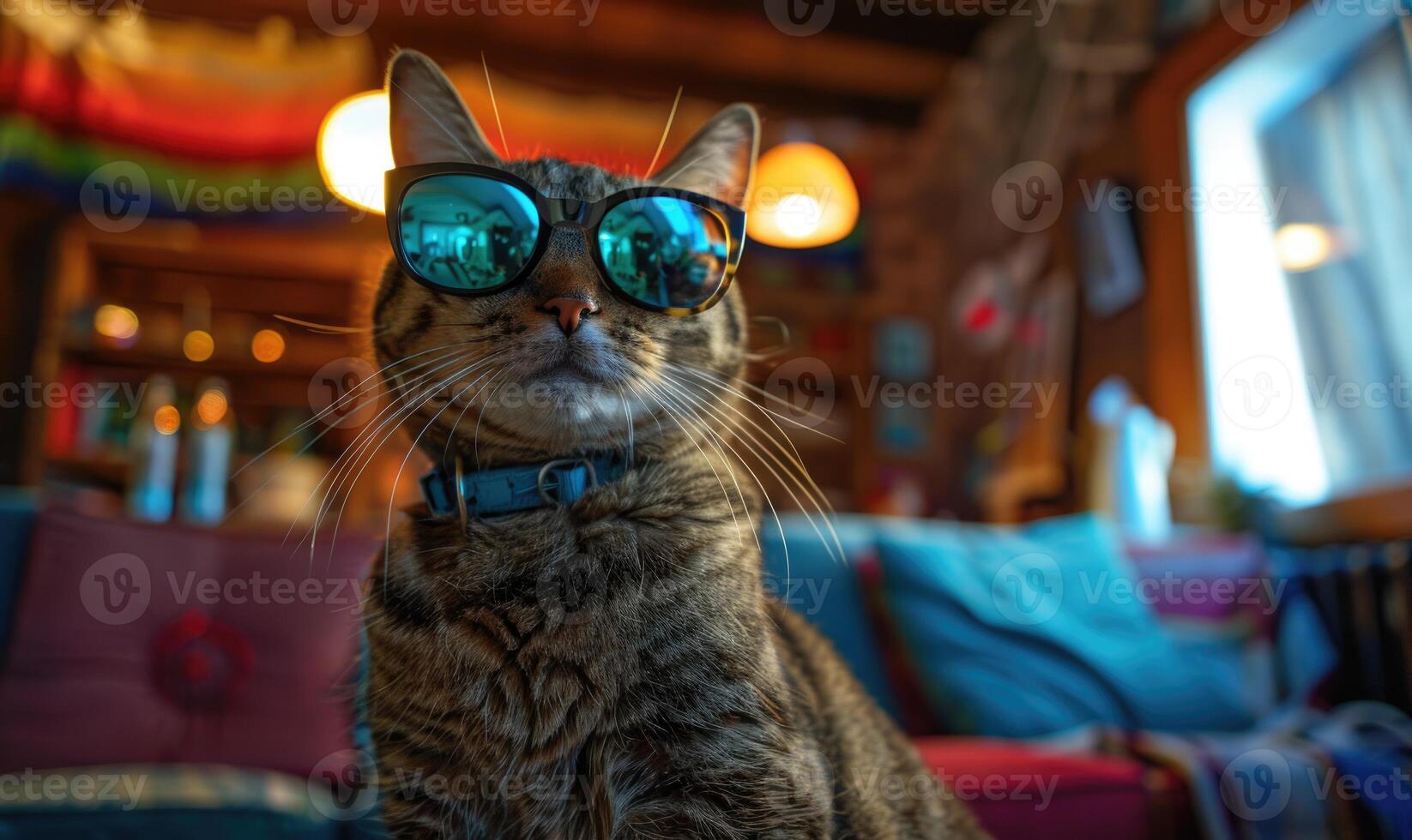 AI generated Cute cat with sunglasses lying on a sofa in the room. photo