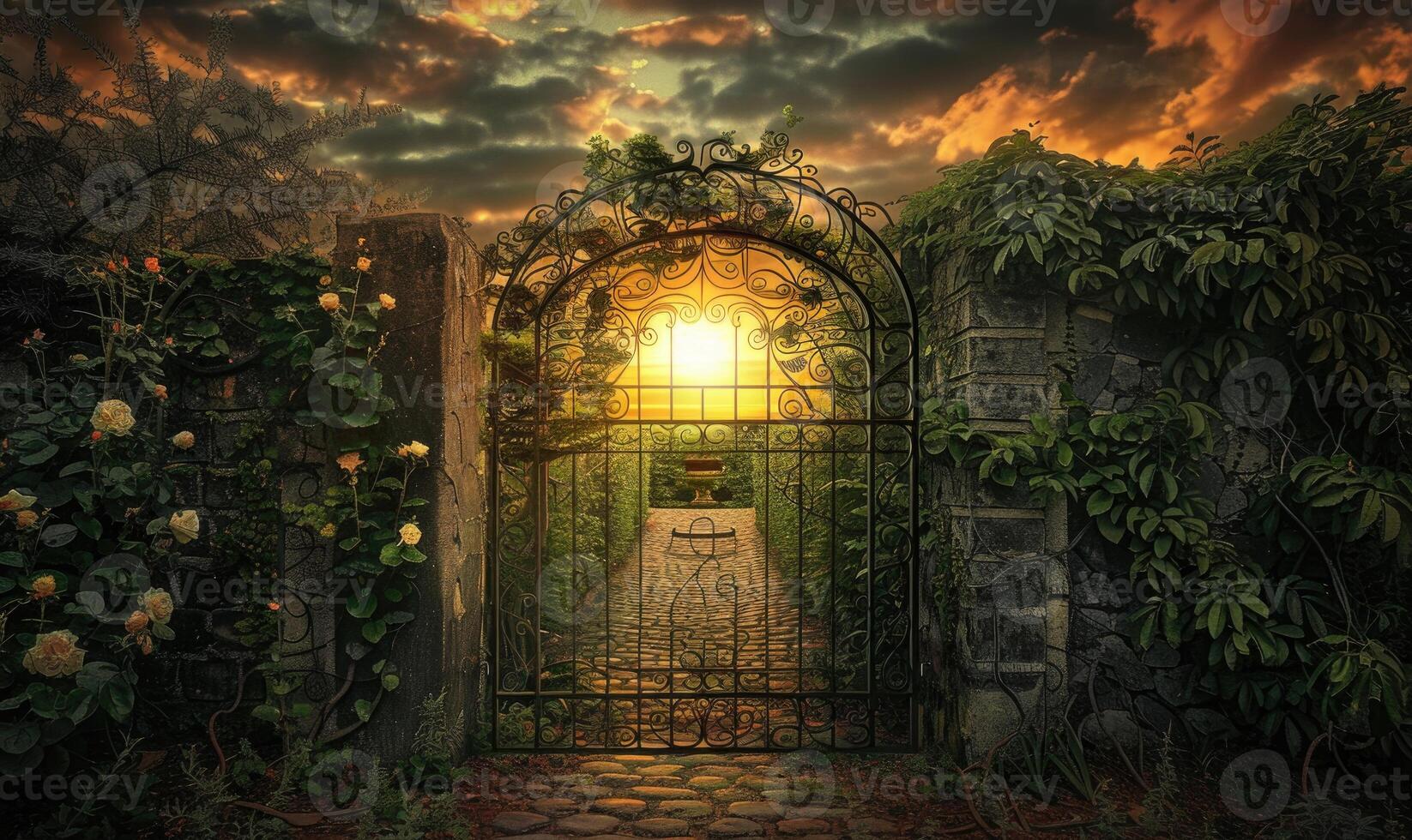 AI generated Sunset through the gate of a rose garden with blooming flowers photo