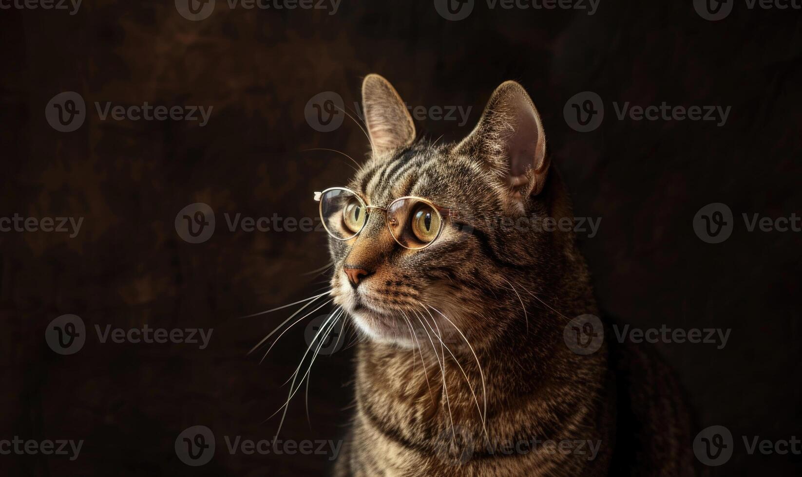 AI generated Portrait of a striped cat with glasses on a dark background. photo