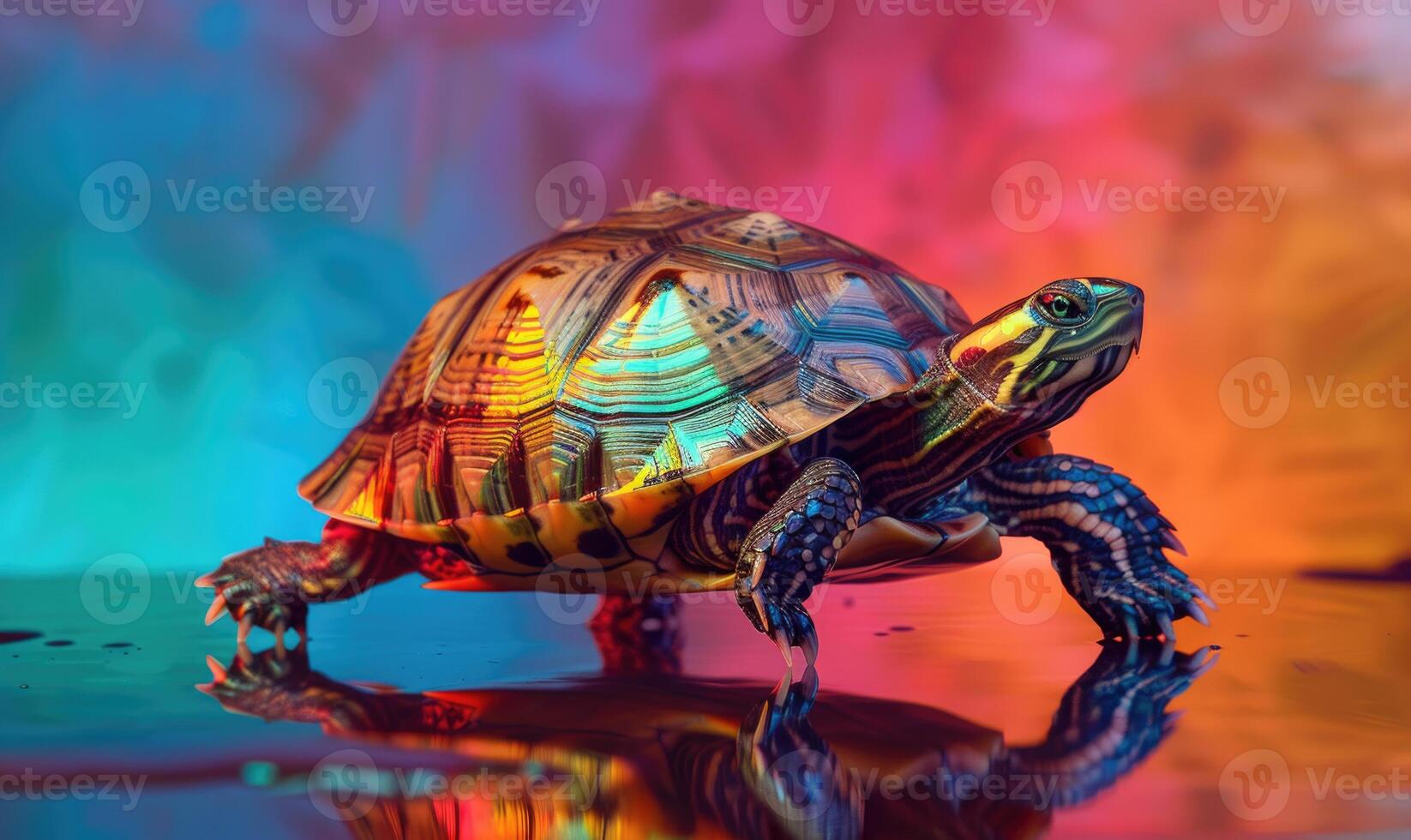 AI generated turtle on a background of multicolored light photo