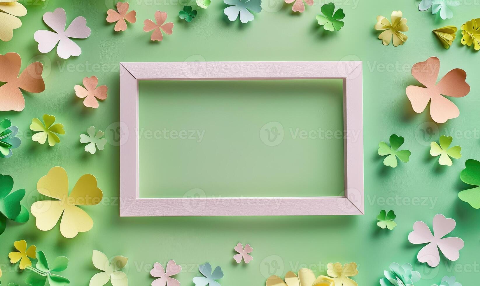 AI generated St. Patrick's Day background with shamrocks and blank frame photo