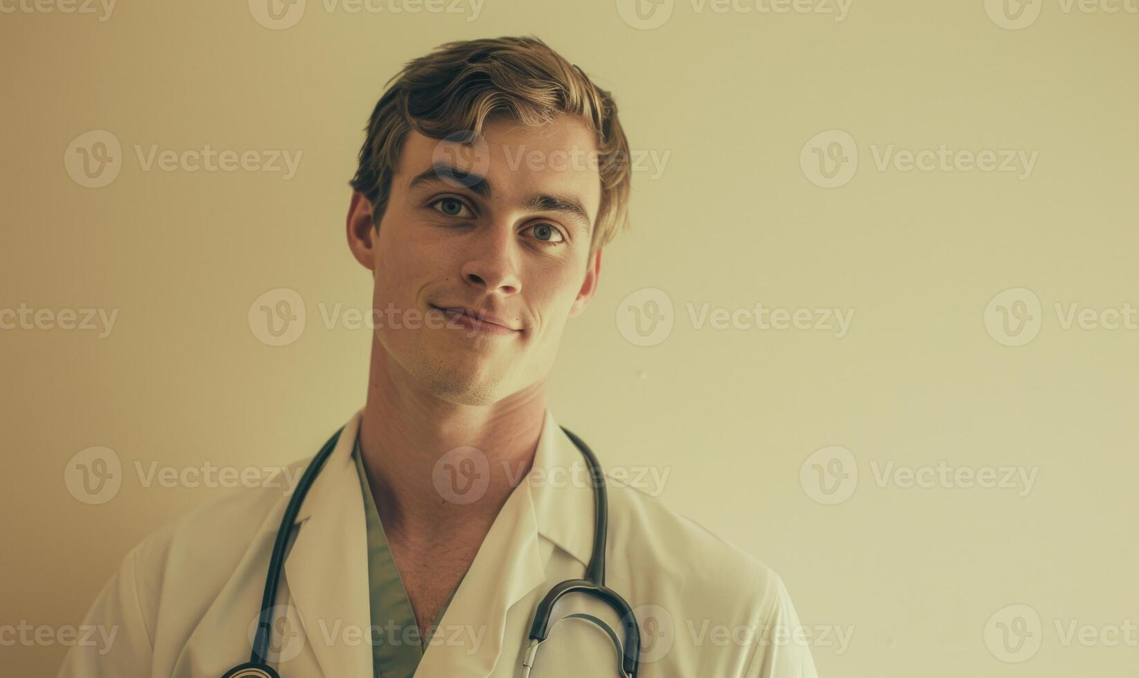 AI generated Portrait of young male doctor with stethoscope on white background photo