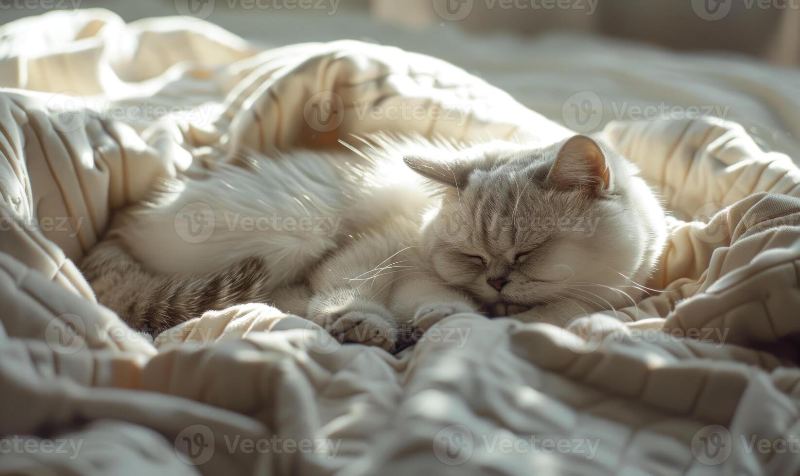 AI generated Cute cat sleeping on bed at home. Fluffy pet relaxing on bed. photo