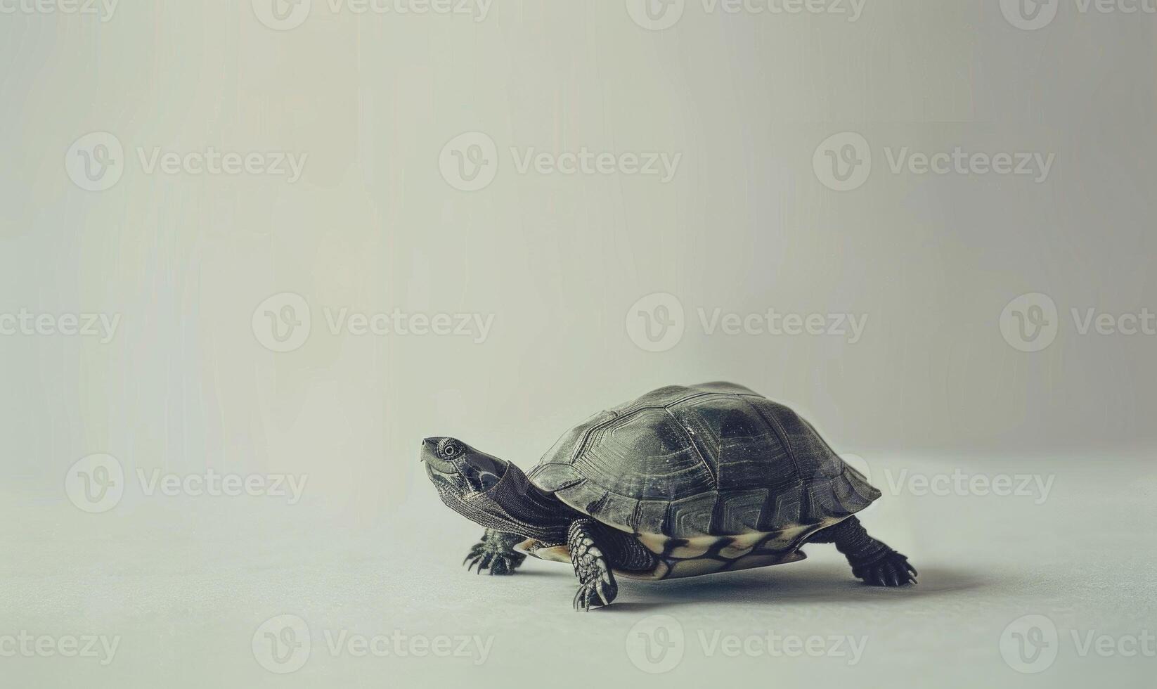 AI generated turtle on a white background, space for text, monochrome image, minimalism concept. photo