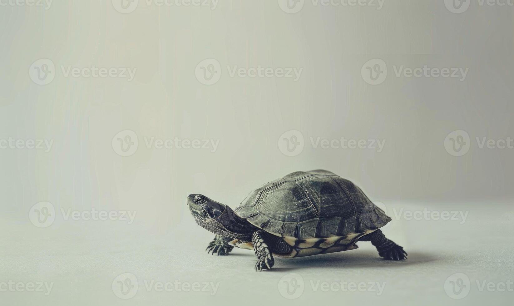 ai generado Tortuga en un blanco fondo, espacio para texto, monocromo imagen, minimalismo concepto. foto