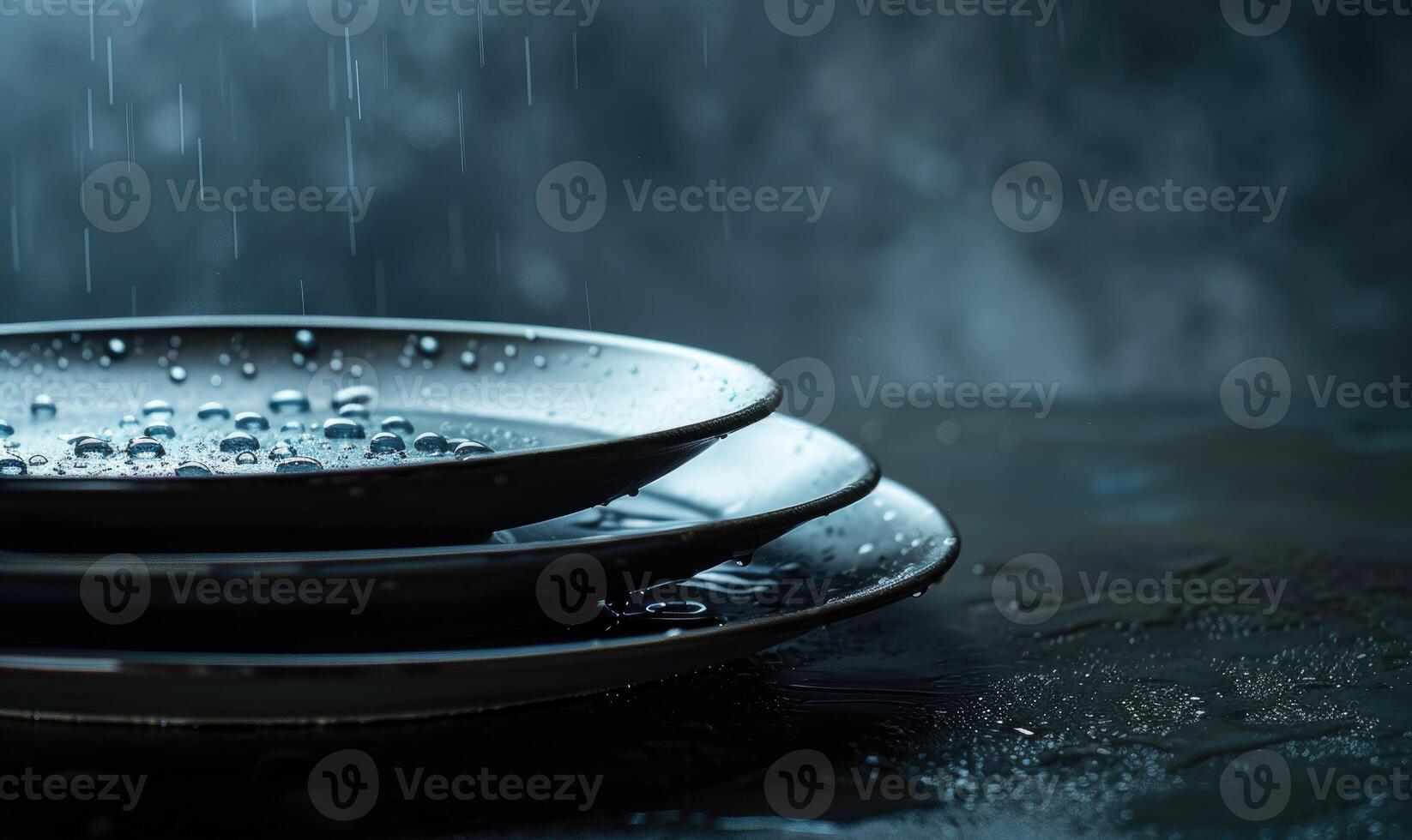 AI generated Empty black plates with water drops on dark background. Copy space. photo