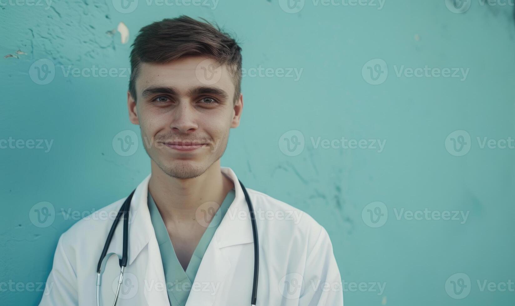 AI generated Portrait of young male doctor with stethoscope on white background photo
