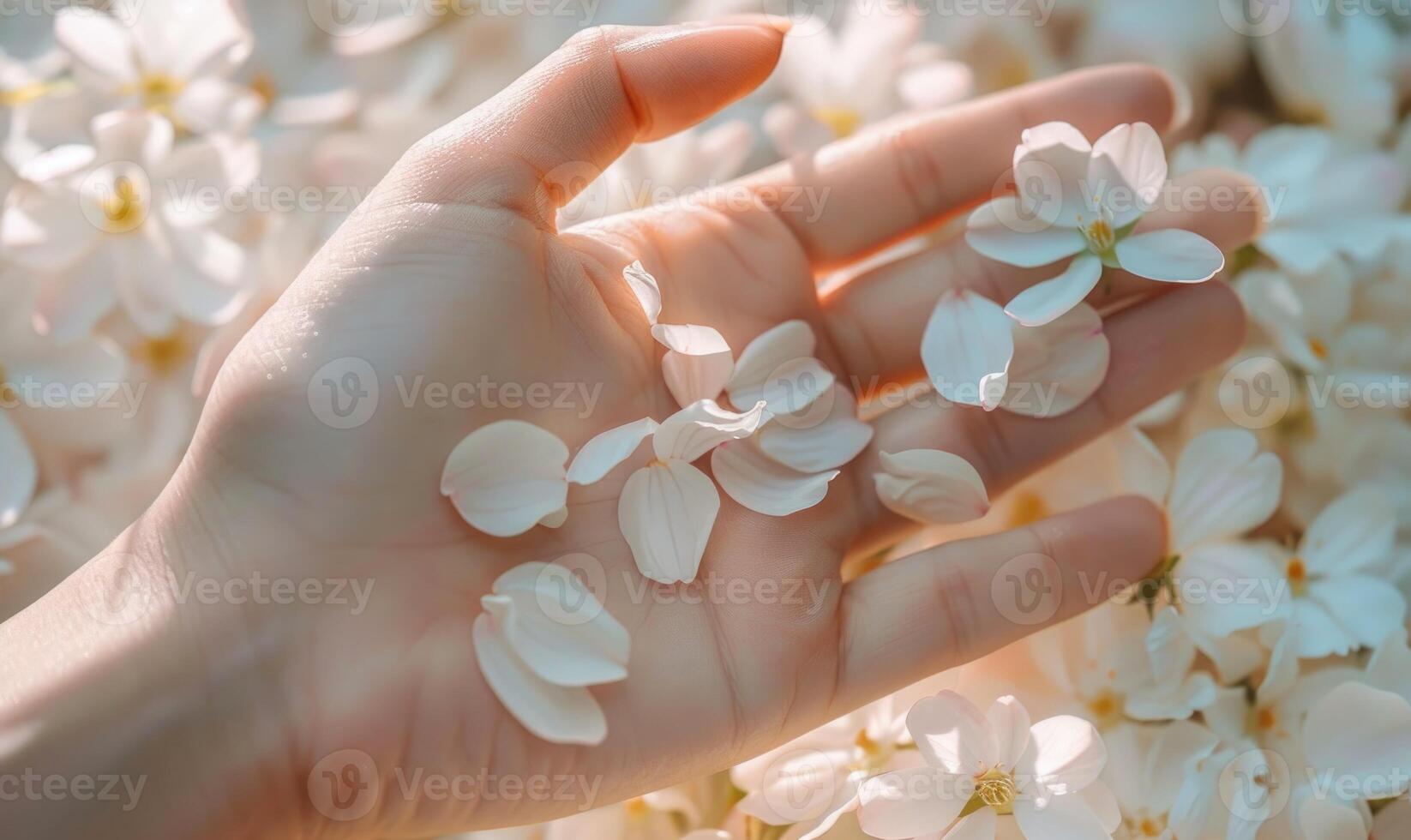 ai generado de cerca de un mujer mano con un neutral manicura, adornado con delicado flor pétalos foto