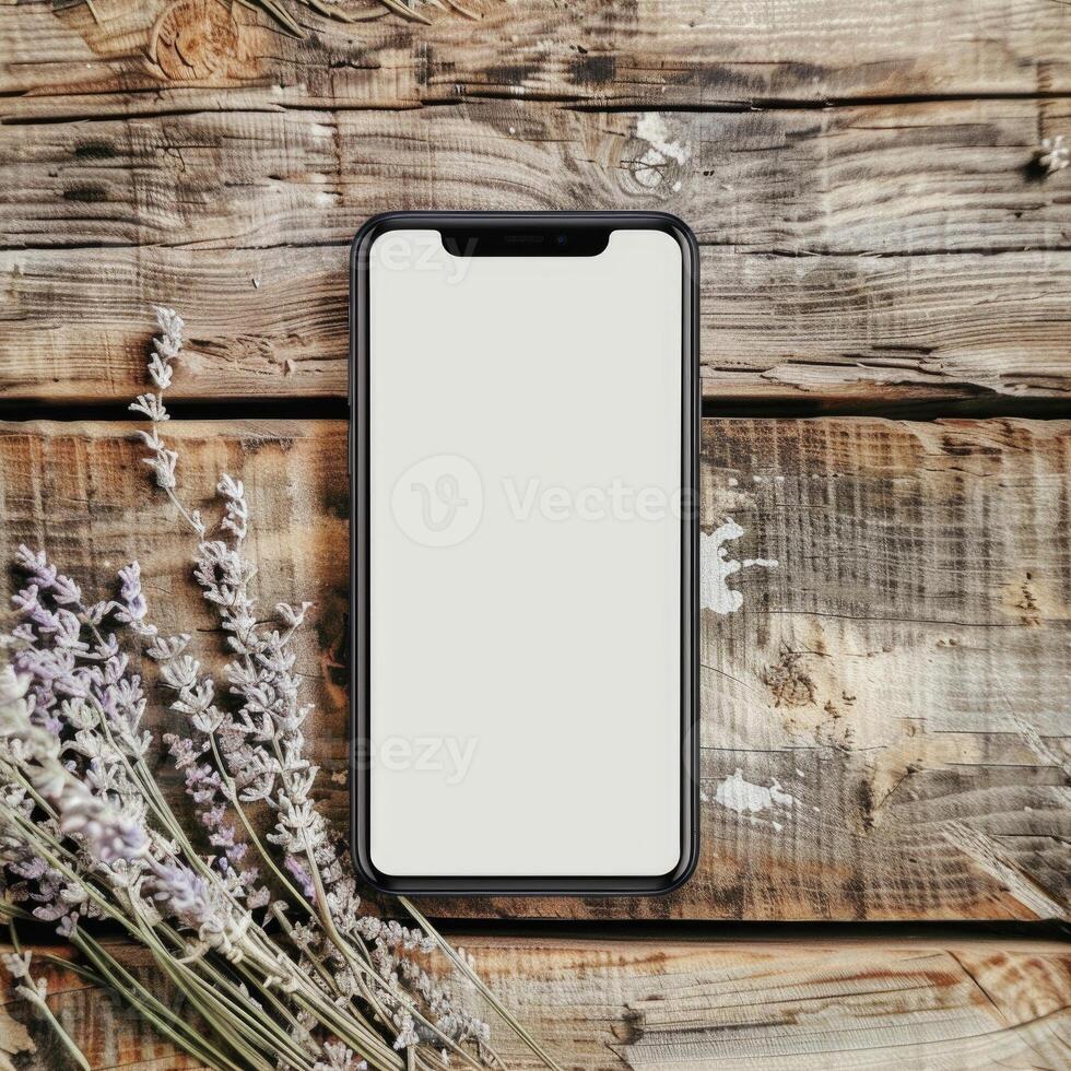 AI generated Smartphone mockup with a blank screen on a rustic wooden table background photo