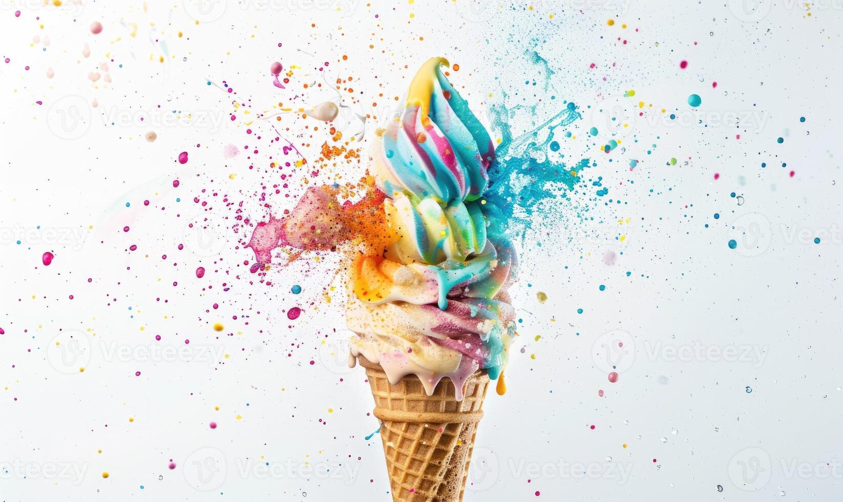 AI generated Ice cream cone explosion on white background photo