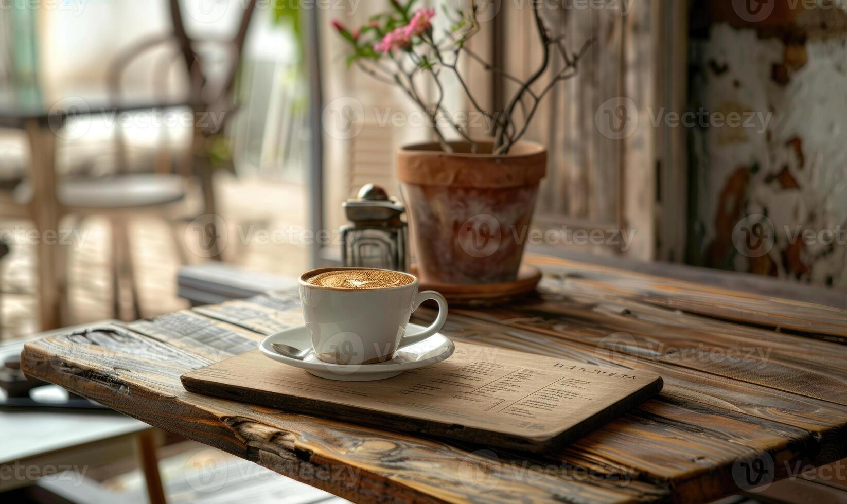 AI generated Coffee cup on wooden table in coffee shop, stock photo