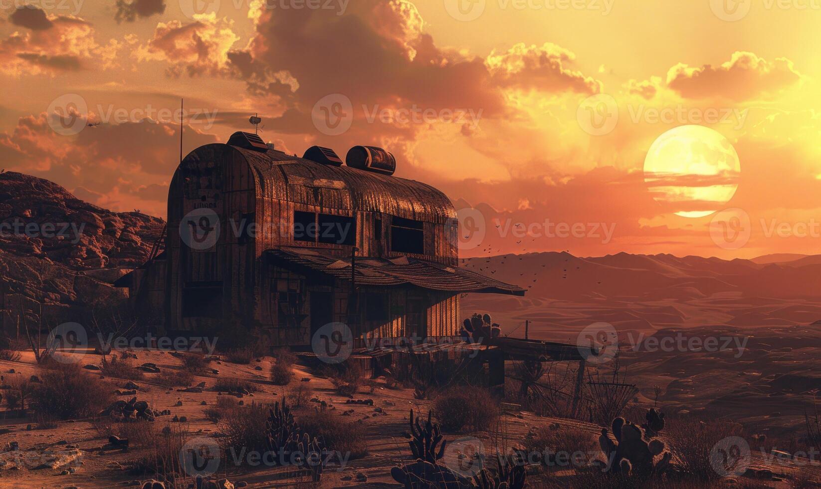 AI generated Abandoned house in the desert at sunset. photo