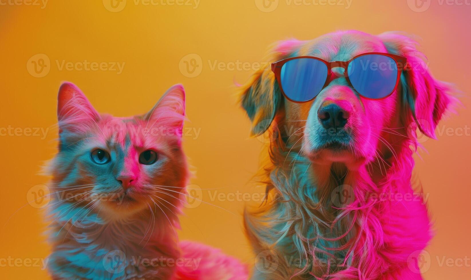 AI generated Cat and dog with glasses on a colored background. Studio shot. photo