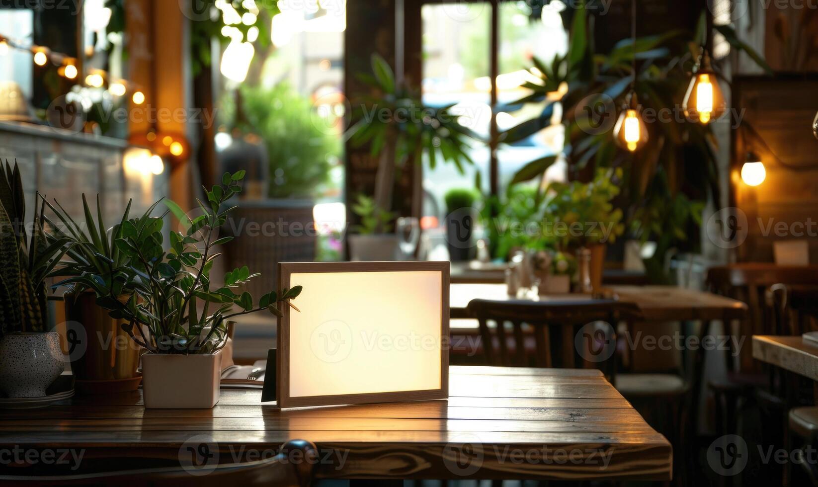 ai generado blanco foto marco en de madera mesa en cafetería. Bosquejo para diseño