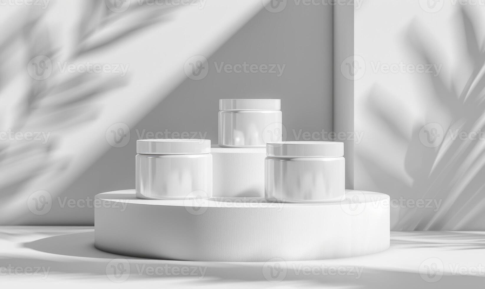 AI generated Mockup rendering of three white round cosmetic jars on white podium. photo